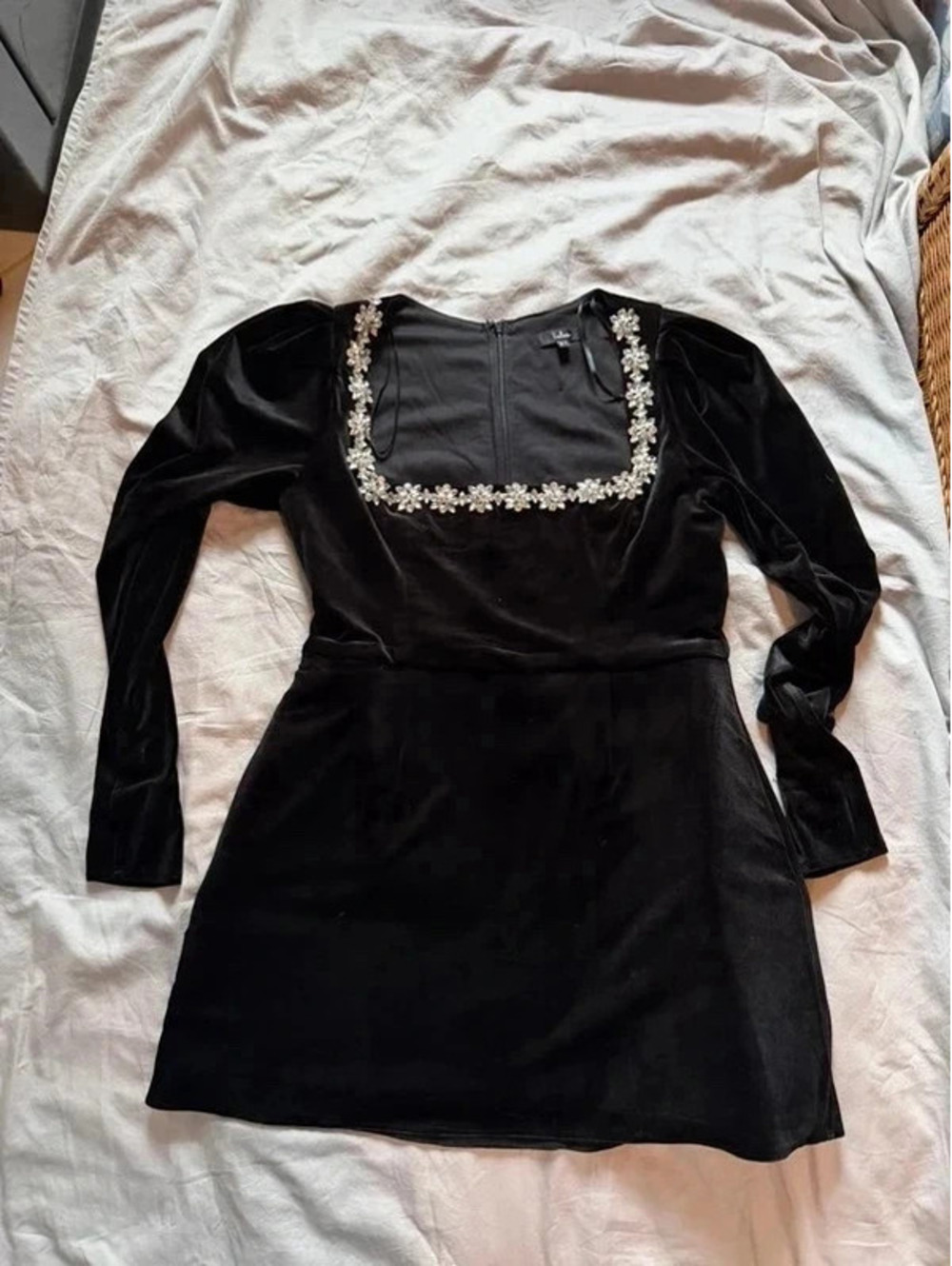 Lulus Ioanna Black Velvet Rhinestone Long Sleeve Mini Dress XL Whimsigoth